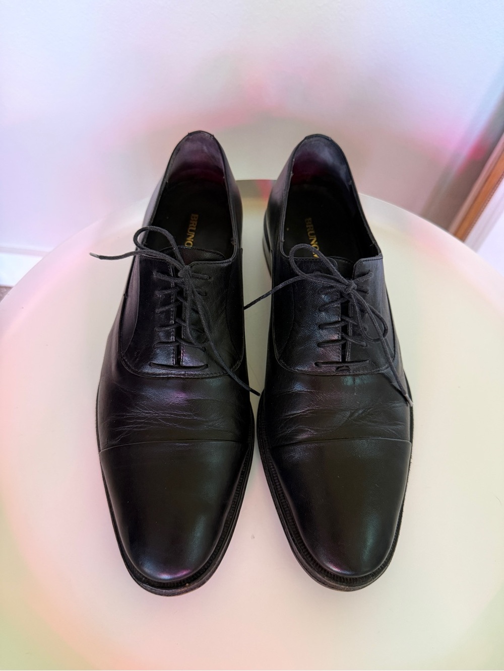 Bruno Magli Black Leather Cap-Toe Derby Dress Shoes